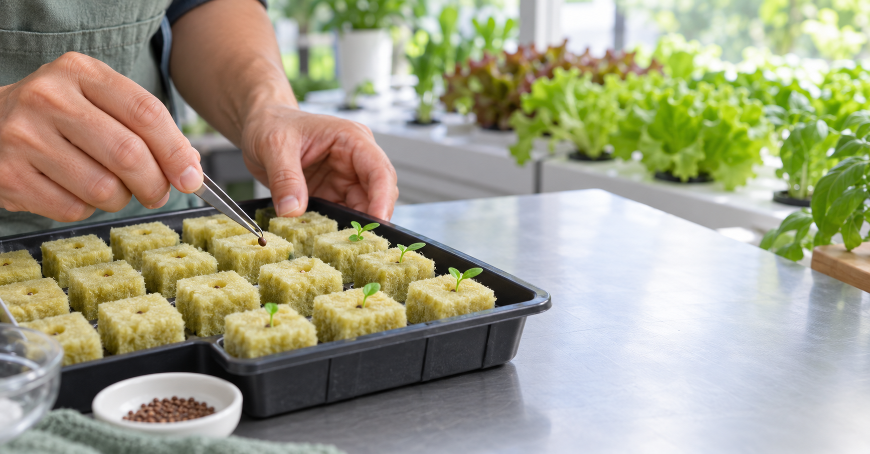 Planting seeds in rockwool cubes beside young seedlings